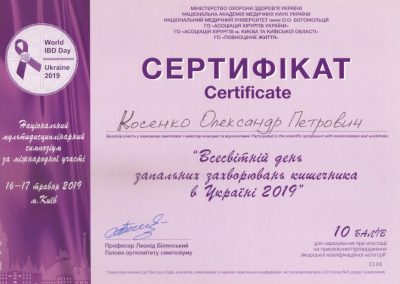 Сертифікат Олександра Косенка. Всесвітній день запальних захворювань кишечника в Україні. 2019 рік
