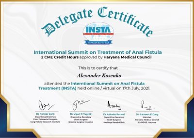 Сертифікат Олександра Косенка. International Summit on Anal Fistula. 2021 рік