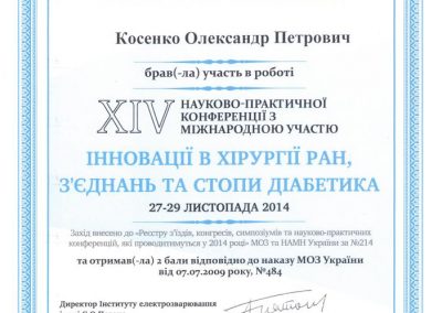 Сертифікат Олександра Косенка. Інновації у хірургії ран, з'єднань та стопи діабетика. 2014 рік